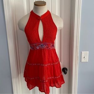 Free People 8 Mini Dress ~ Red Smocked Embroidered Tiered BOHO